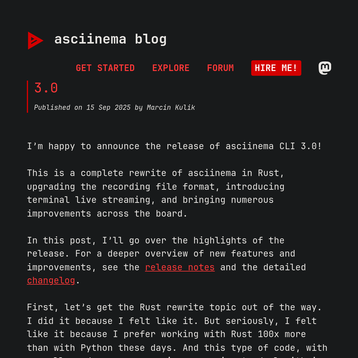 asciinema 3.0 | 终端录制工具大升级