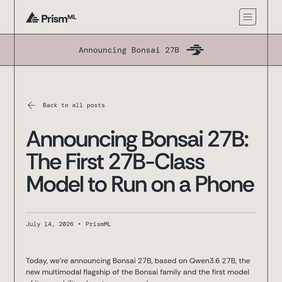 Bonsai 27B | 手机上跑的 1-bit 大模型
